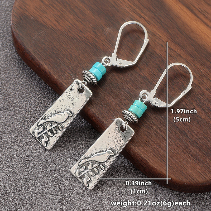Vertical Tag Dangle Hoop Earrings with Vintage Bird Patterns